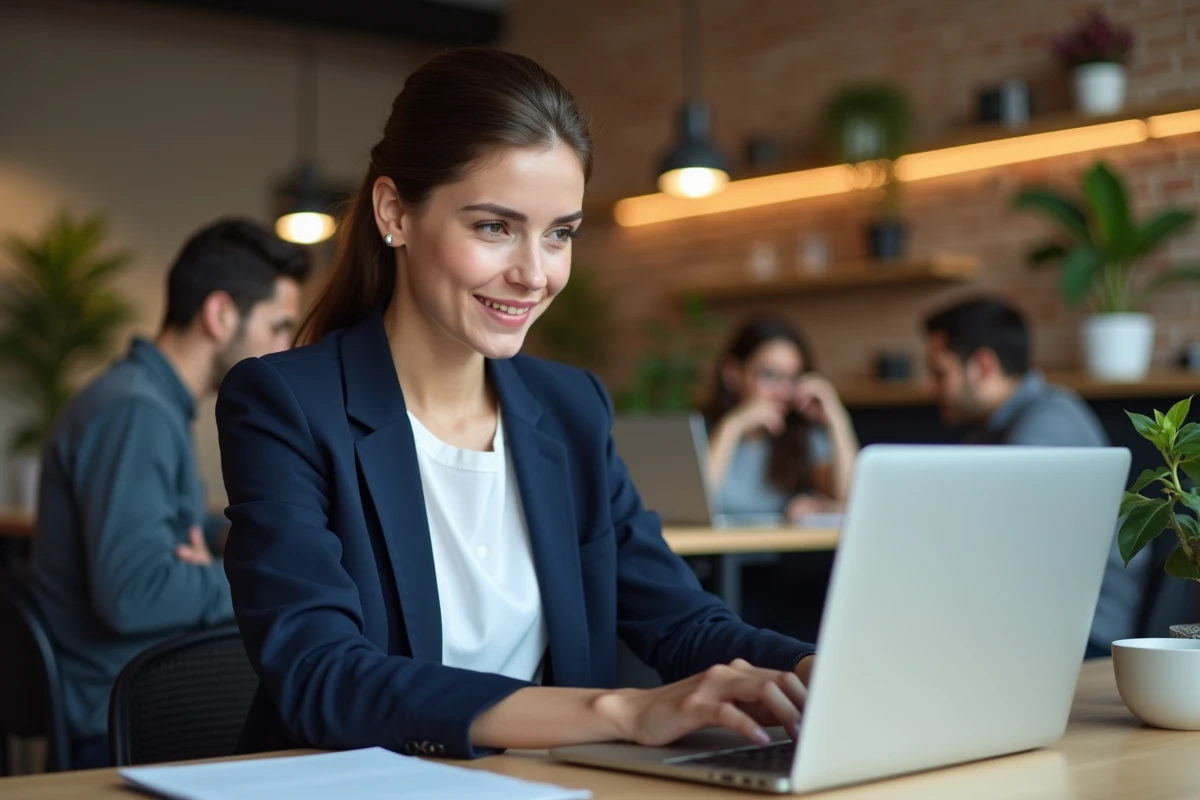 Jeune femme professionnelle étudiant le marketing digital dans un espace de coworking moderne, illustrant la formation numérique de l'Académie Tic et Tac