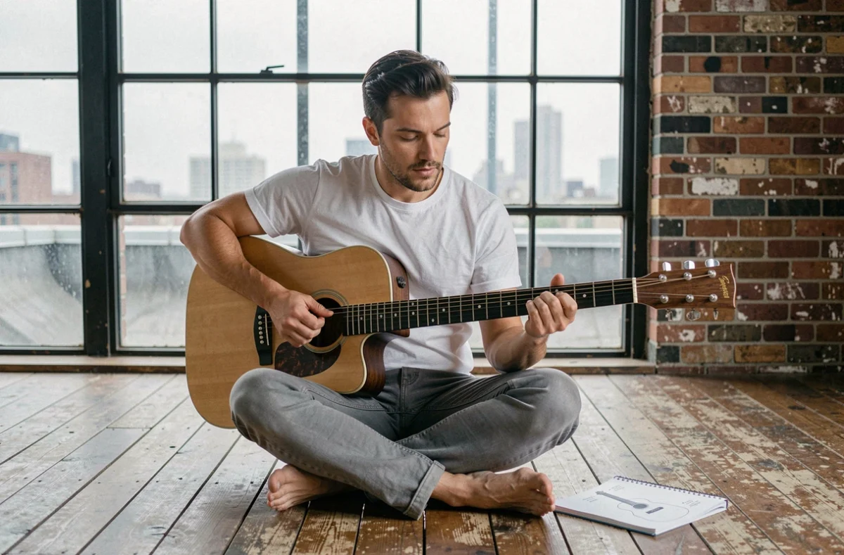 Homme jouant un accord Gm en position ouverte sur guitare électrique dans un appartement urbain minimaliste