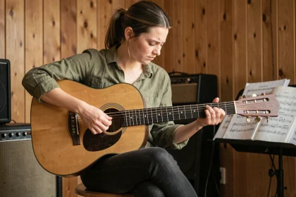 Jeune femme jouant un accord Gm en barré sur une guitare acoustique classique dans une salle de musique chaleureuse