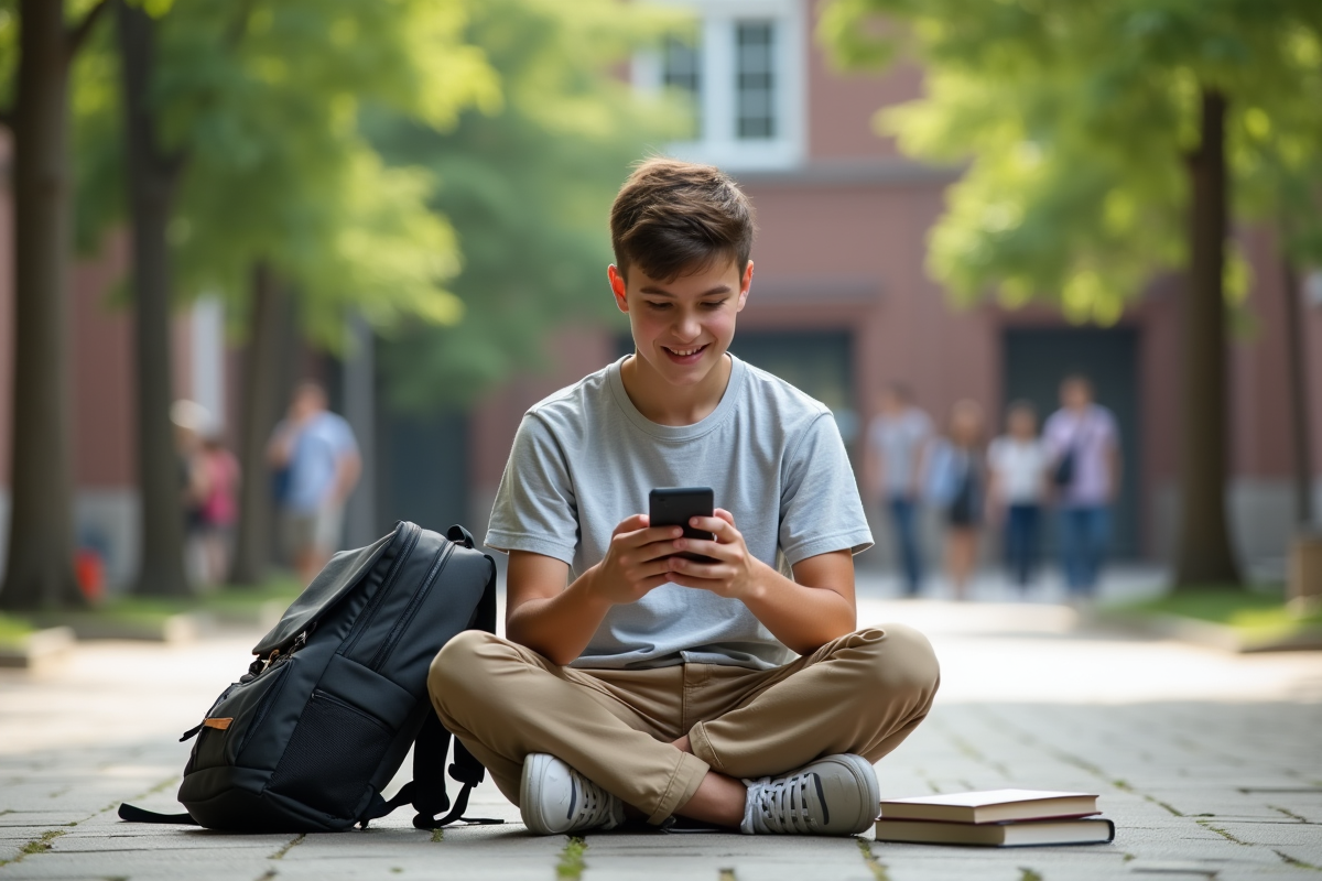 Adolescent assis dans une cour universitaire avec son smartphone