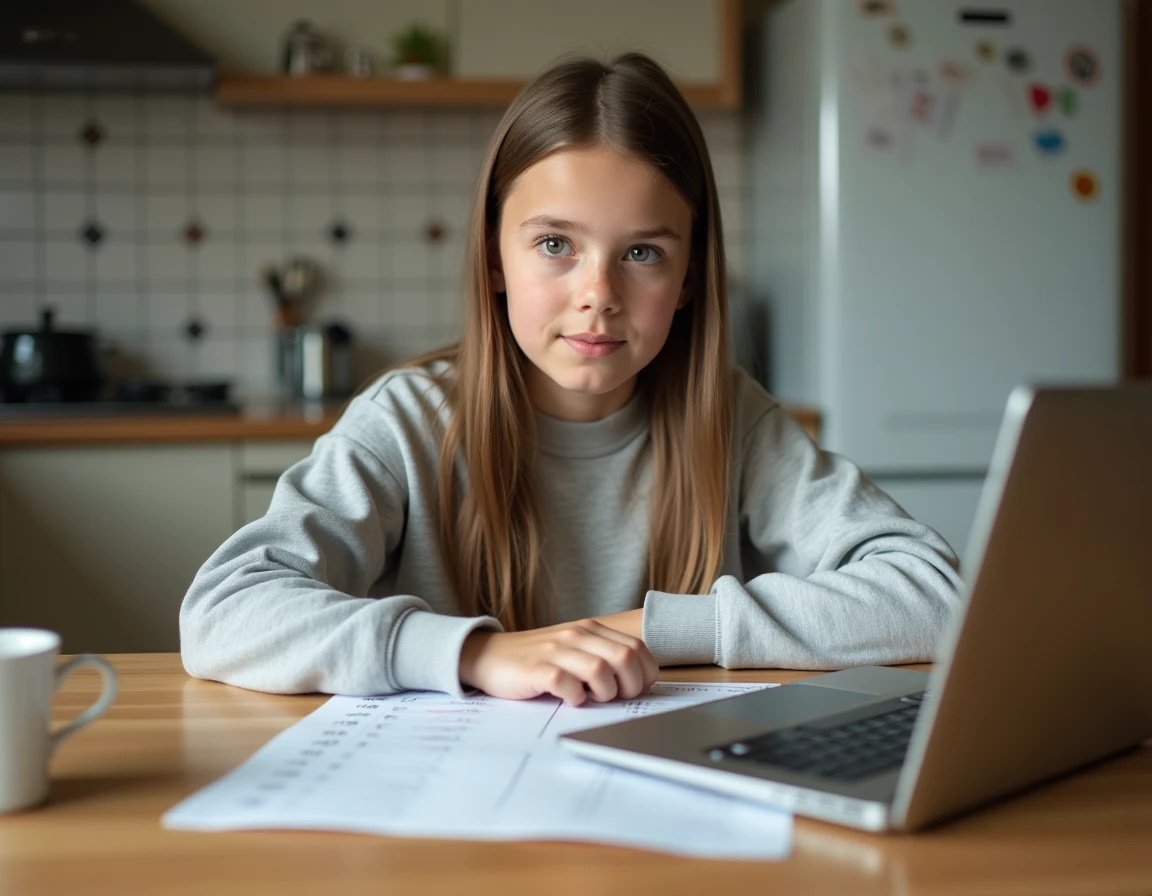 Adolescente définissant ses objectifs de Brevet avec un calculateur et une feuille de planning scolaire à la maison