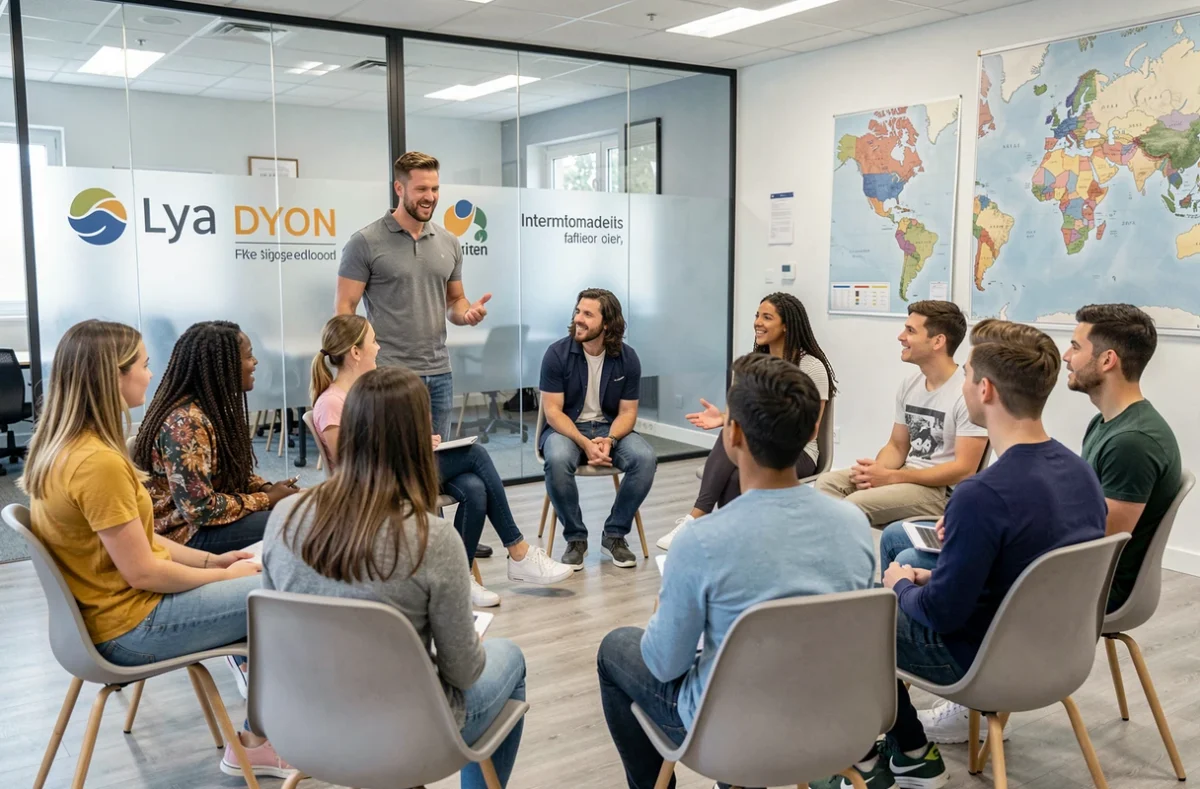 Cours de conversation internationale dans les locaux modernes d'Alpadia Language Schools à Lyon