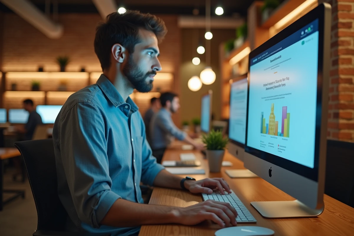 Jeune alternant accédant à ses ressources pédagogiques en ligne depuis un espace de coworking