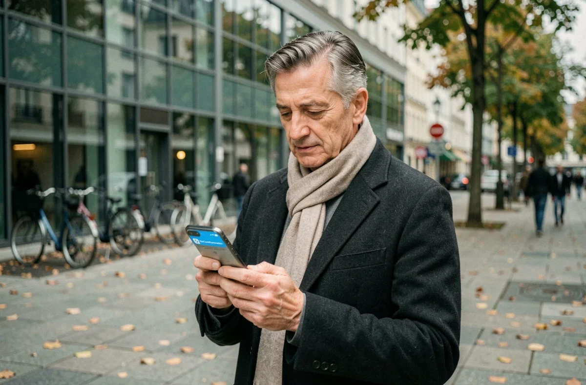 Homme consultant l'application MonCompteFormation sur smartphone en ville pour optimiser son CPF