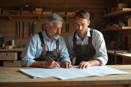 Un homme d'âge moyen guide un jeune apprenti dans un atelier de menuiserie
