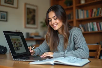 Femme apprenant la photographie en ligne sur son ordinateur portable dans un bureau à domicile chaleureux