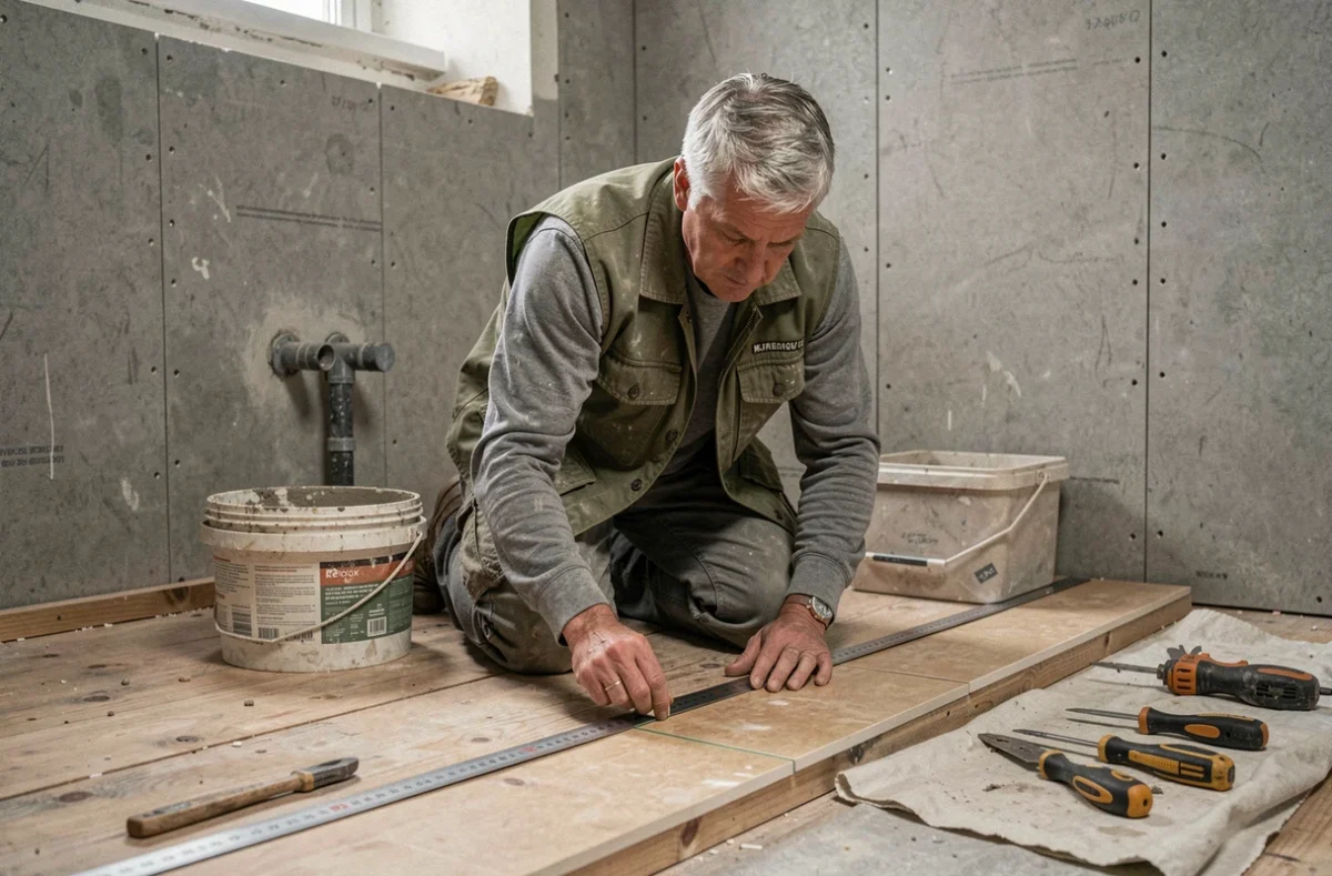 Un travailleur en reconversion professionnelle pose du carrelage dans une salle de bain en rénovation, illustrant l'apprentissage pratique des métiers du bâtiment