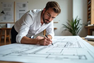 Architecte étudiant des plans de coupe longitudinale et transversale sur une table à dessin dans un studio professionnel