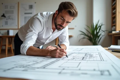 Architecte étudiant des plans de coupe longitudinale et transversale sur une table à dessin dans un studio professionnel