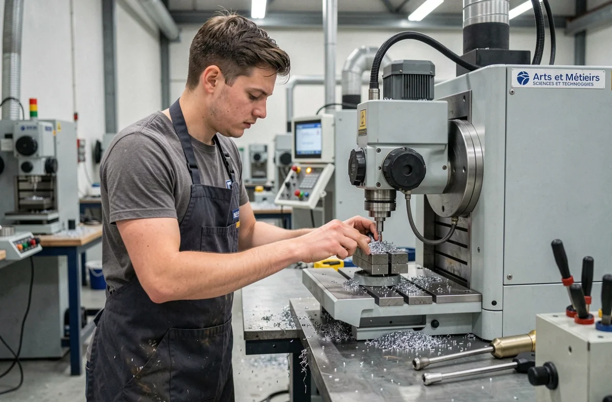 Étudiant utilisant une fraiseuse CNC dans un atelier de fabrication des Arts et Métiers Sciences et Technologies