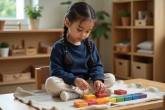 Jeune fille arrangeant des tuiles de multiplication en bois sur un tapis dans un atelier Montessori autonome