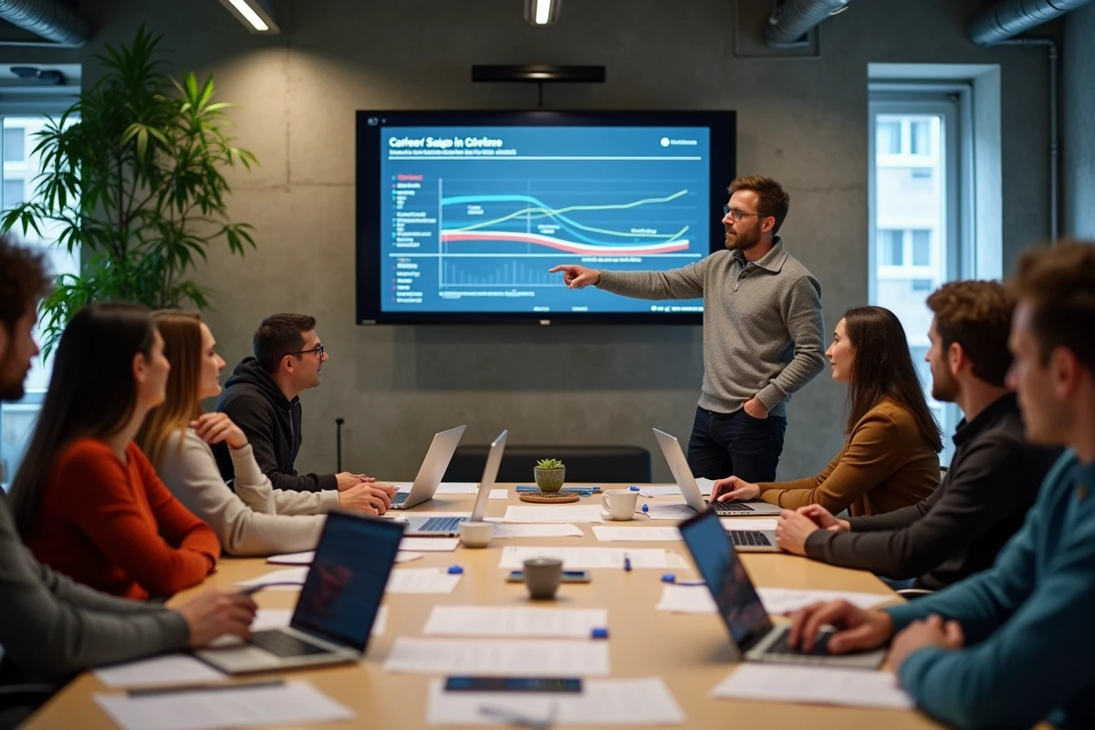 Atelier collaboratif lors d'une conférence formation digitale à Paris, participants travaillant ensemble sur des stratégies de développement de carrière
