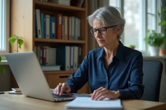 Femme professionnelle se connectant à son compte Arena Versailles depuis son ordinateur portable à domicile