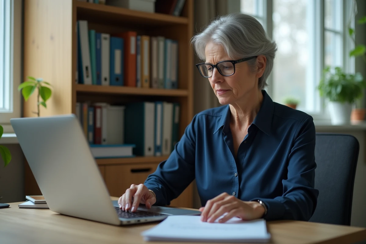 Femme professionnelle se connectant à son compte Arena Versailles depuis son ordinateur portable à domicile