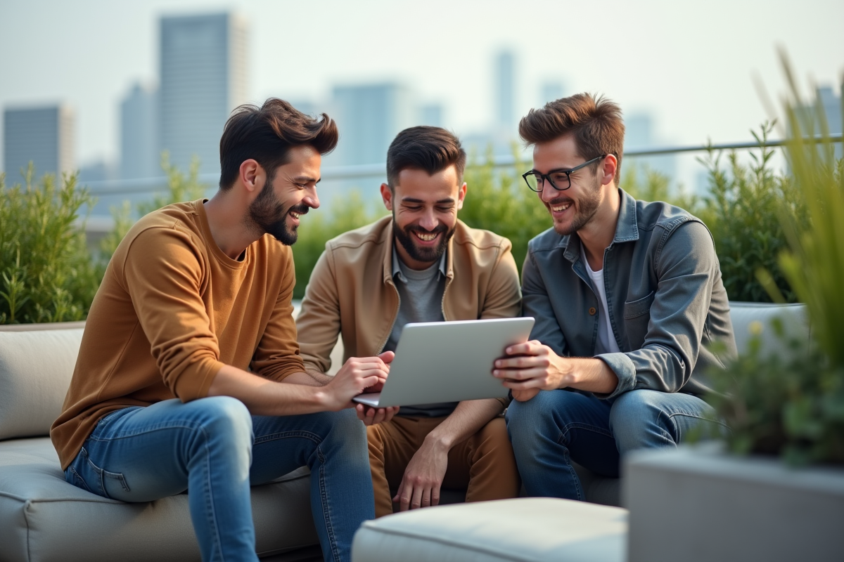Groupe de jeunes adultes en brainstorming en terrasse