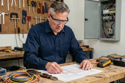 Bricoleur adulte étudiant un schéma électrique dans un atelier domestique bien équipé, représentant la formation électricité pour particuliers en 2026