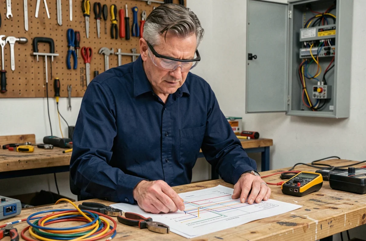 Bricoleur adulte étudiant un schéma électrique dans un atelier domestique bien équipé, représentant la formation électricité pour particuliers en 2026