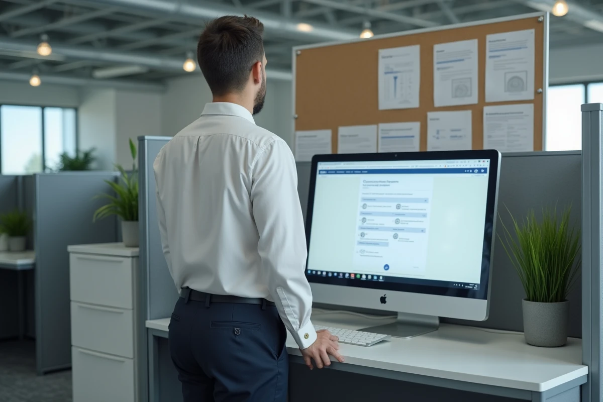 Candidat consultant les modules d'examen ECampus Police sur un grand écran dans un bureau administratif moderne
