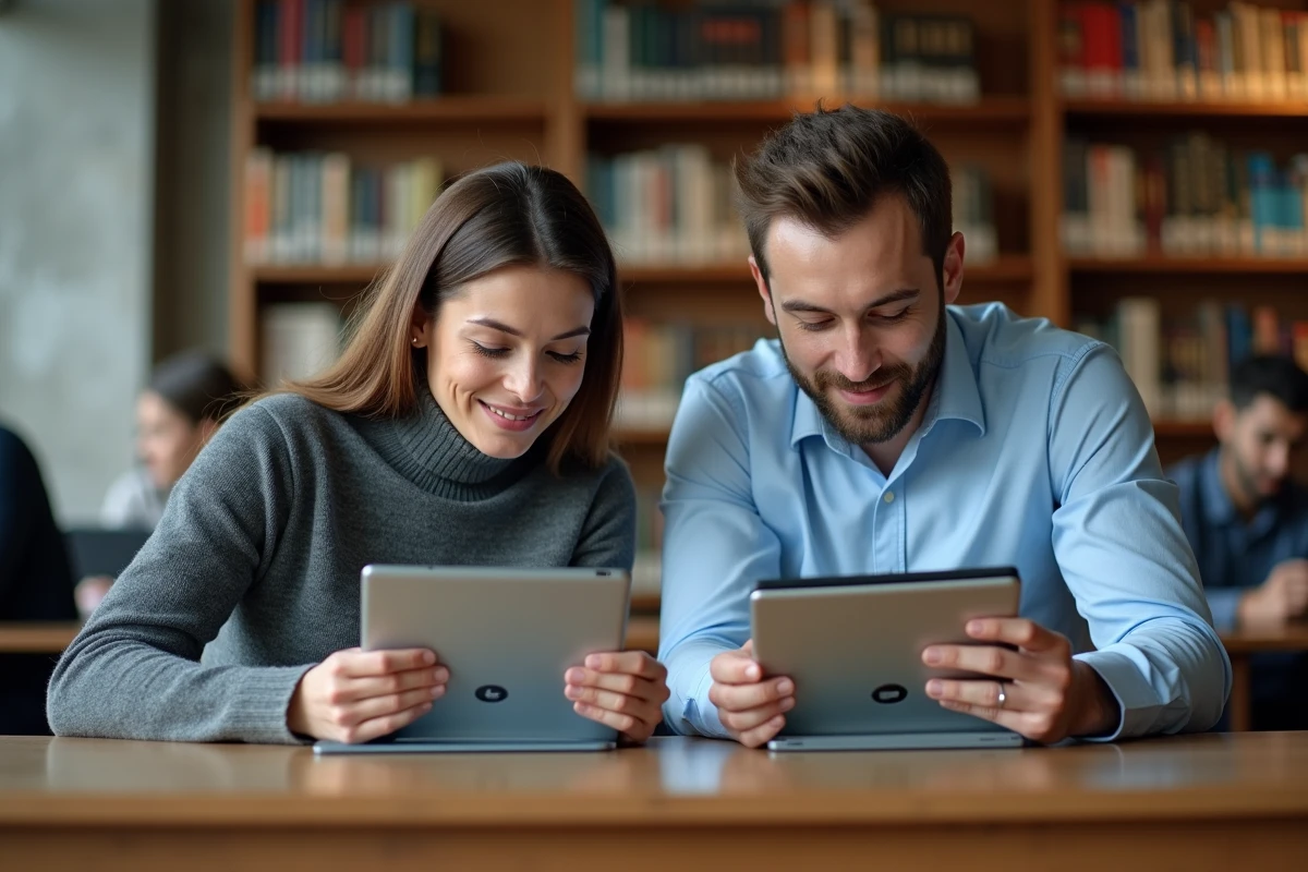 Deux candidats au concours de police révisant ensemble les modules ECampus Police sur des tablettes dans une bibliothèque publique