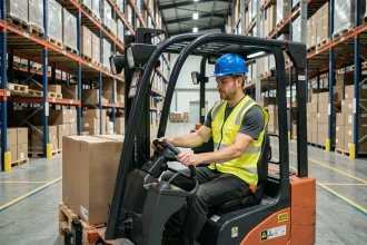 Cariste certifié CACES 1 3 conduisant un chariot élévateur dans un entrepôt logistique moderne