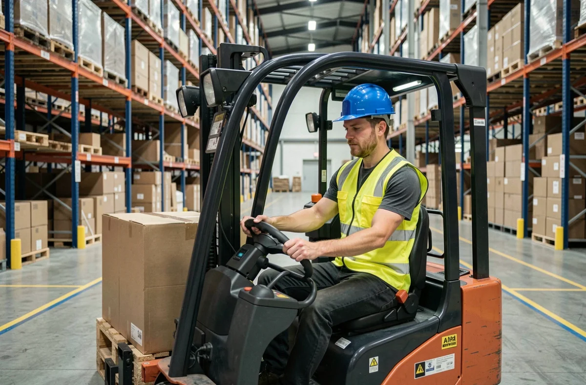 Cariste certifié CACES 1 3 conduisant un chariot élévateur dans un entrepôt logistique moderne
