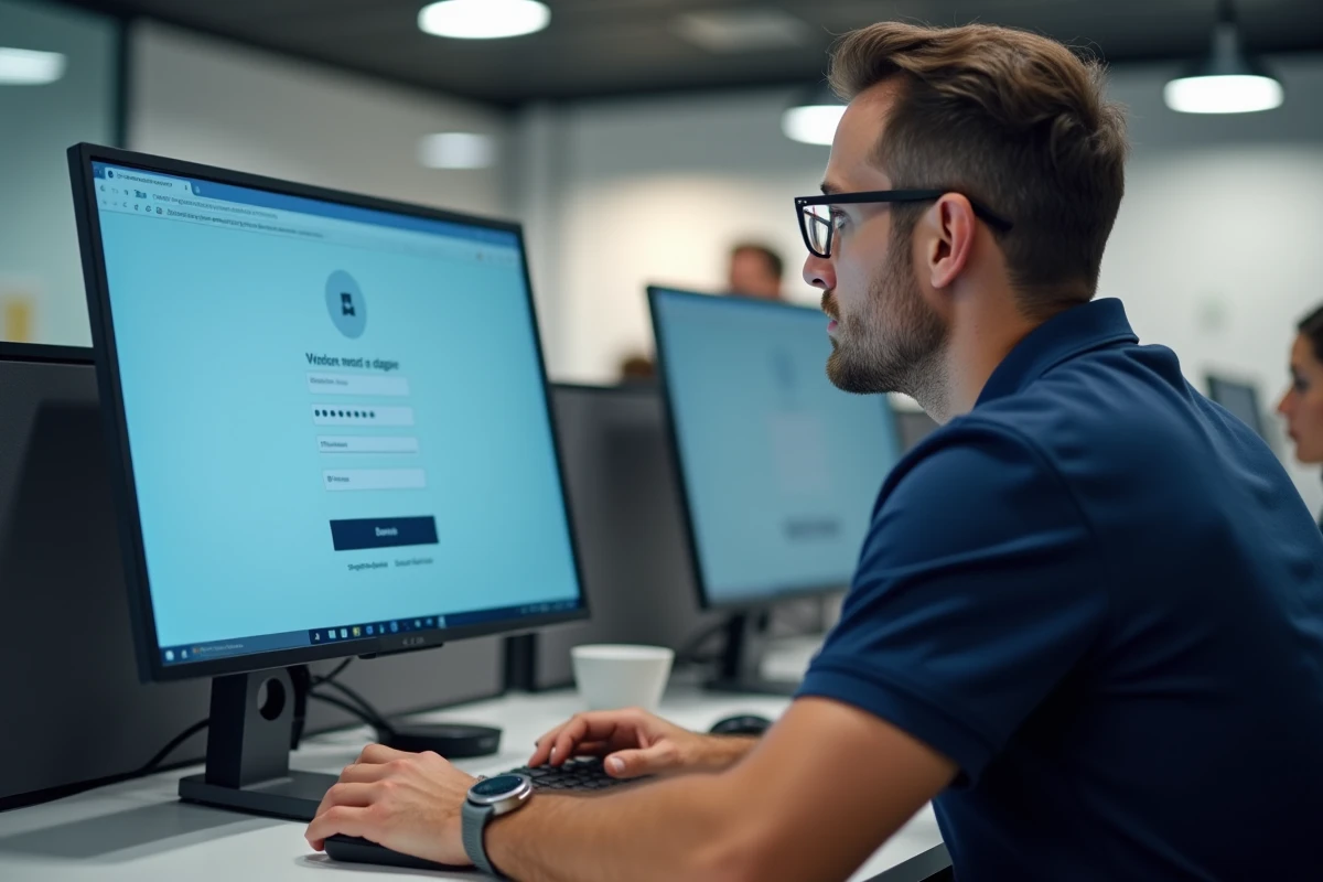 Enseignant modifiant son mot de passe académique sur un ordinateur de bureau dans un espace de travail professionnel