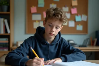 Collégien calculant ses points de contrôle continu du Brevet sur une feuille de notes à son bureau