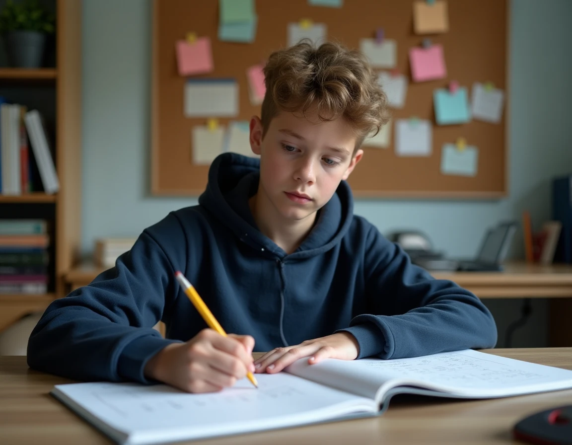 Collégien calculant ses points de contrôle continu du Brevet sur une feuille de notes à son bureau