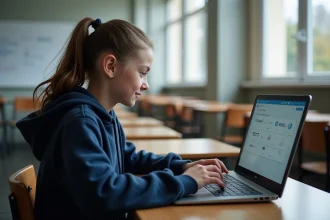 Collégienne accédant à l'ENT Cybercollège de la Loire sur un ordinateur portable en classe