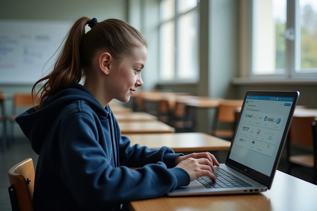 Collégienne accédant à l'ENT Cybercollège de la Loire sur un ordinateur portable en classe