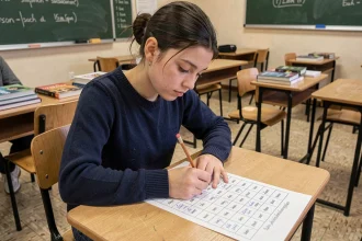 Collégienne qui complète un tableau de déclinaison allemand imprimé à son bureau de classe