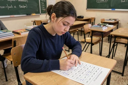 Collégienne qui complète un tableau de déclinaison allemand imprimé à son bureau de classe