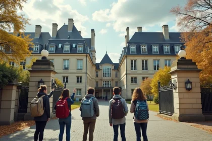 Des collégiens impressionnés devant la façade imposante du plus grand lycée de France, sacs à dos sur les épaules