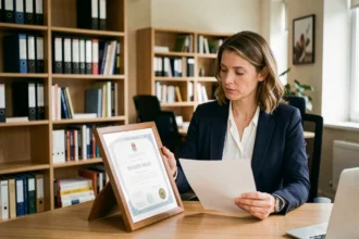 Femme professionnelle comparant un titre professionnel et un diplôme officiel encadrés sur un bureau en bois dans un bureau moderne