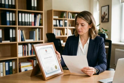 Femme professionnelle comparant un titre professionnel et un diplôme officiel encadrés sur un bureau en bois dans un bureau moderne