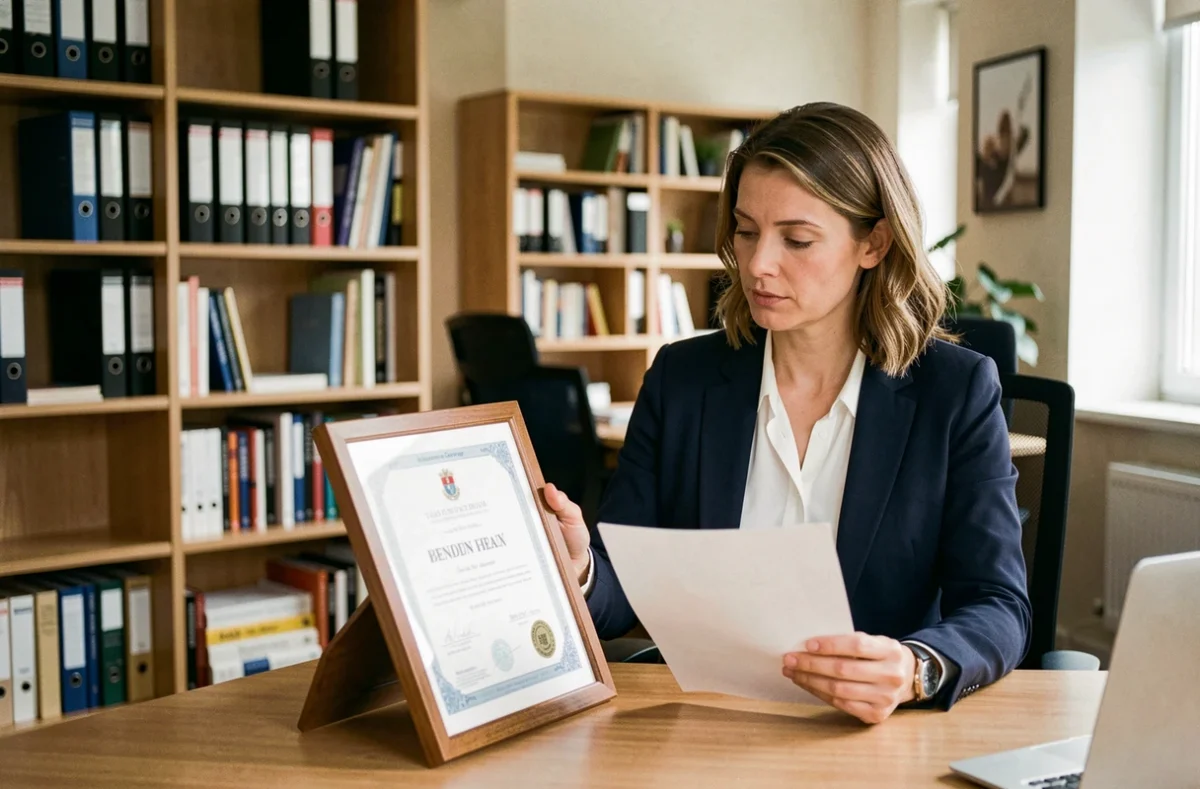 Femme professionnelle comparant un titre professionnel et un diplôme officiel encadrés sur un bureau en bois dans un bureau moderne