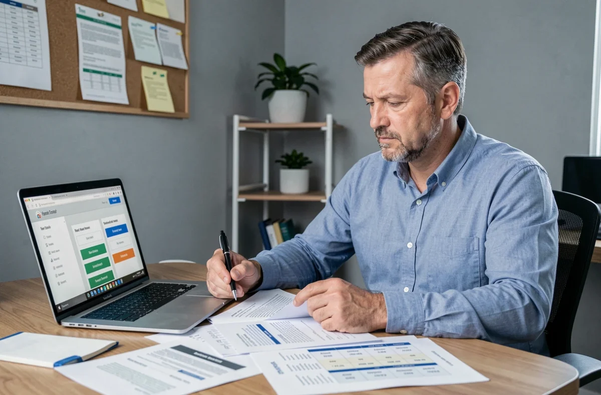 Adulte comparant des offres et tarifs de cours d'anglais particuliers sur ordinateur avec documents imprimés