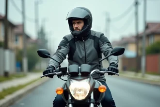 Homme adulte équipé d'un casque et d'une veste moto assis sur une 125 cm3 en milieu urbain, illustrant la conduite d'un deux-roues avec le permis B