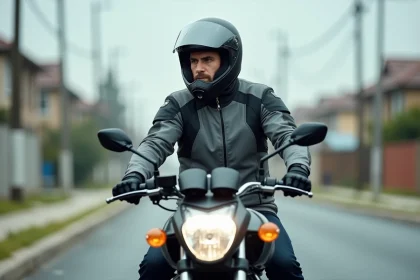 Homme adulte équipé d'un casque et d'une veste moto assis sur une 125 cm3 en milieu urbain, illustrant la conduite d'un deux-roues avec le permis B