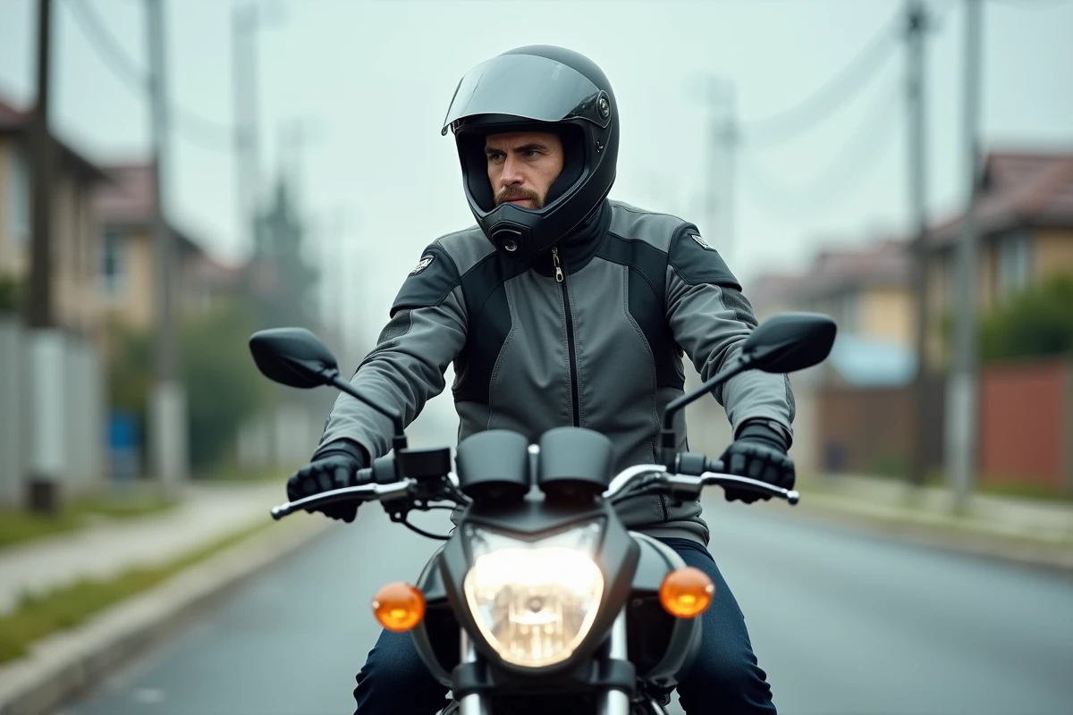 Homme adulte équipé d'un casque et d'une veste moto assis sur une 125 cm3 en milieu urbain, illustrant la conduite d'un deux-roues avec le permis B