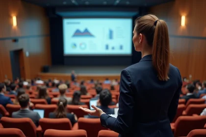 Conférencière présentant des stratégies digitales lors d'une conférence professionnelle à Paris pour booster les carrières numériques