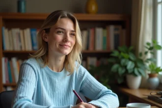 Jeune femme étudiant la conjugaison du verbe SER en espagnol dans un cahier ouvert, assise à un bureau en bois entouré de livres de grammaire