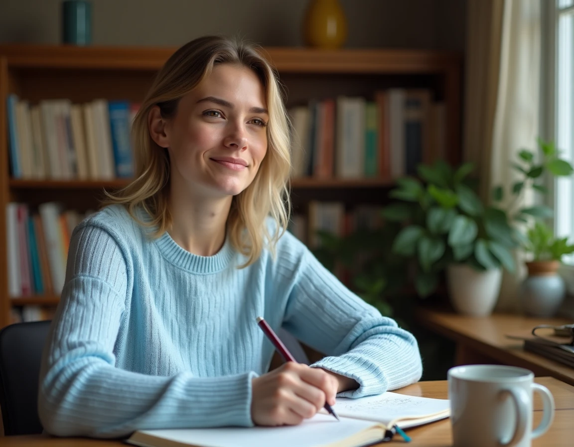 Jeune femme étudiant la conjugaison du verbe SER en espagnol dans un cahier ouvert, assise à un bureau en bois entouré de livres de grammaire