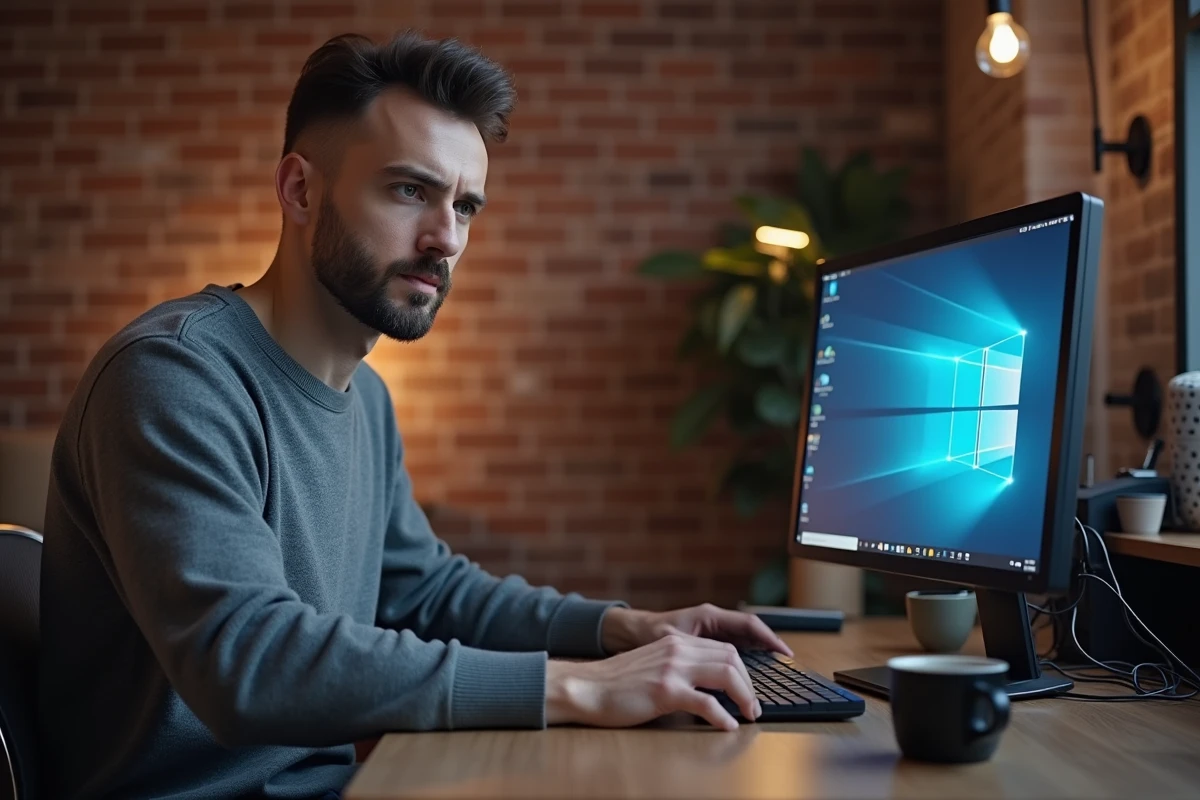 Homme utilisant un ordinateur de bureau pour s'authentifier sur le portail Arena Versailles