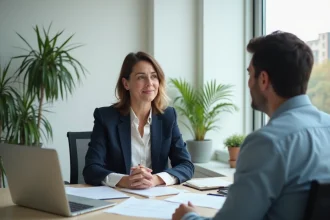 Conseillère en bilan de compétences discutant avec un client dans un bureau moderne de Solerys Pôle emploi