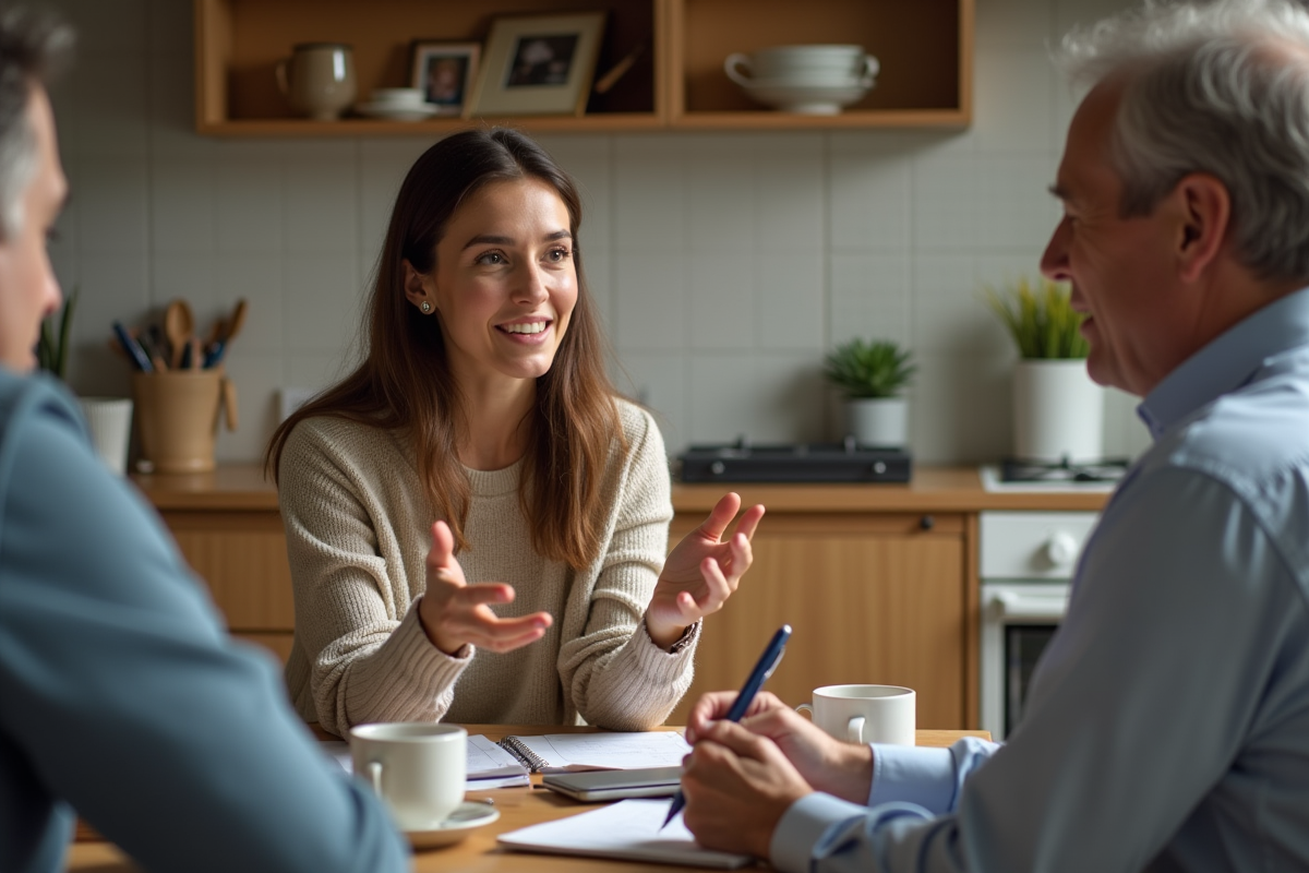 Femme jeune discutant avec un homme dans une cuisine chaleureuse