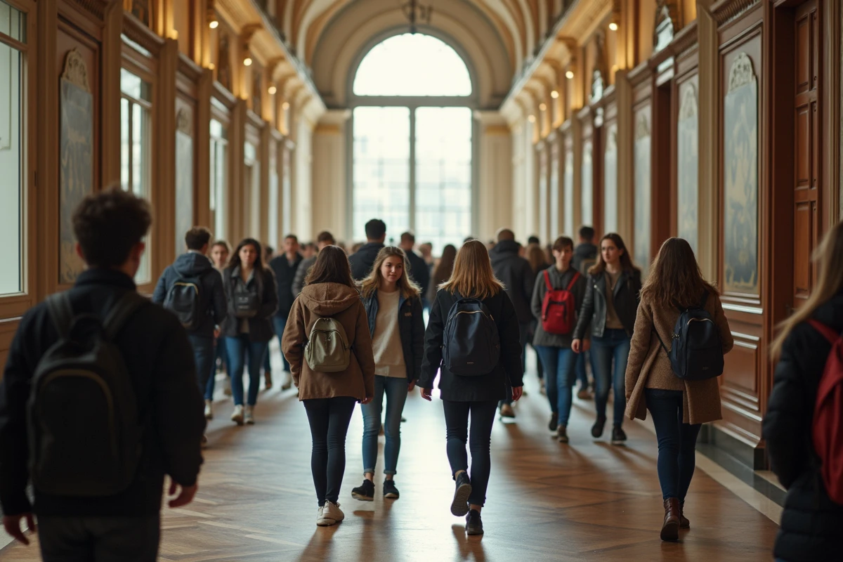 Des collégiens en visite découvrent un couloir animé et monumental d'un grand lycée français lors d'une journée portes ouvertes