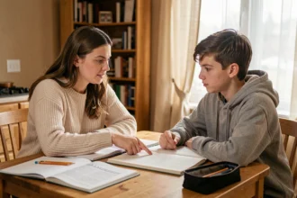 Professeure d'anglais donnant un cours particulier à une adolescente autour d'une table avec manuels et cahiers