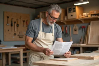 Homme adulte débutant en bricolage étudiant une fiche technique dans un atelier de cours bricolage avec outils et planches en bois