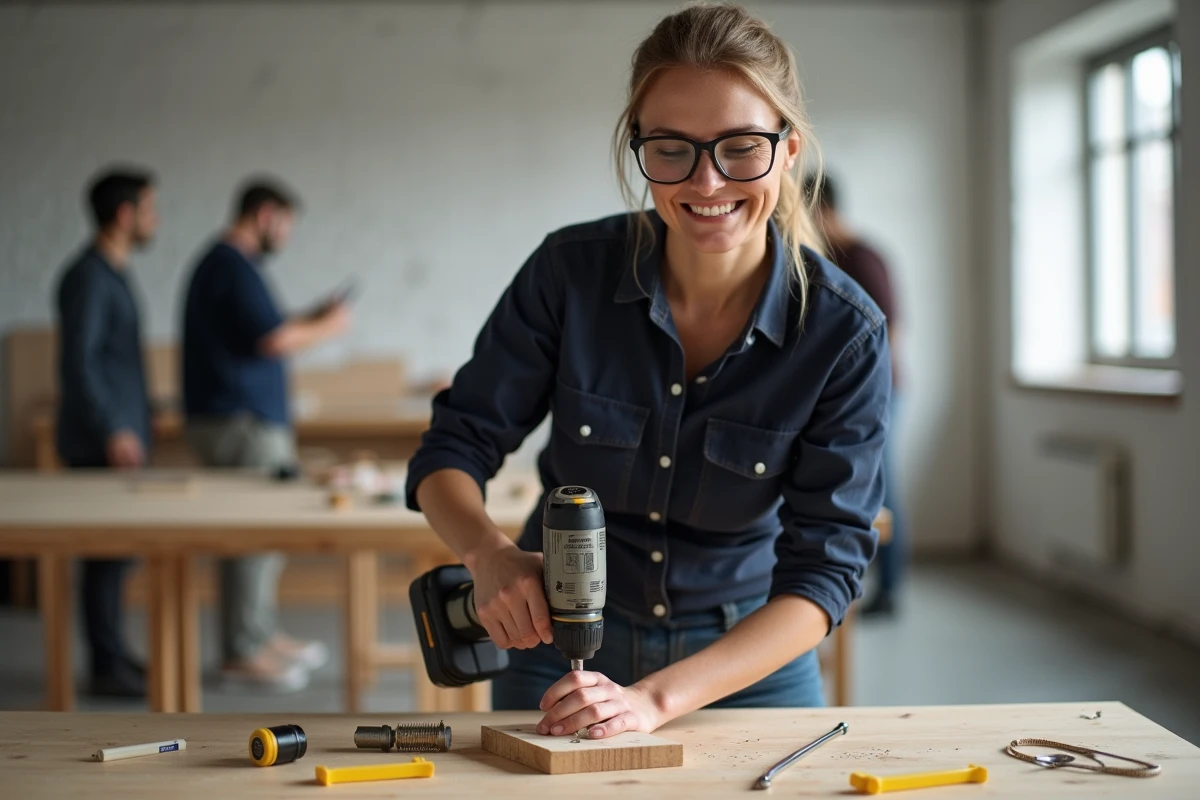 Femme utilisant une perceuse sans fil lors d'un cours bricolage débutant dans un atelier moderne avec participants en arrière-plan